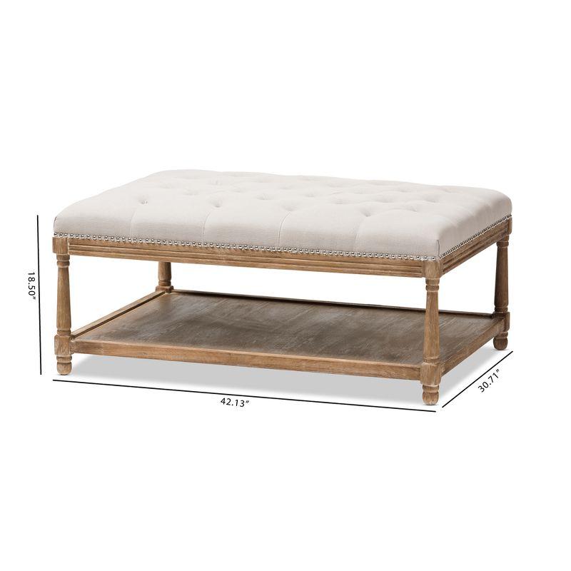 Carlotta French Country Weathered Oak Linen Rectangular Coffee Table Ottoman Beige - Baxton Studio: Elegant Tufted Design, Storage Shelf