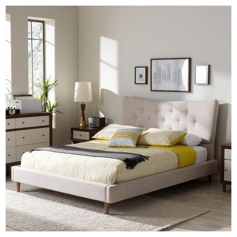 Hannah King-Size Beige Linen Upholstered Platform Bed with Walnut Frame