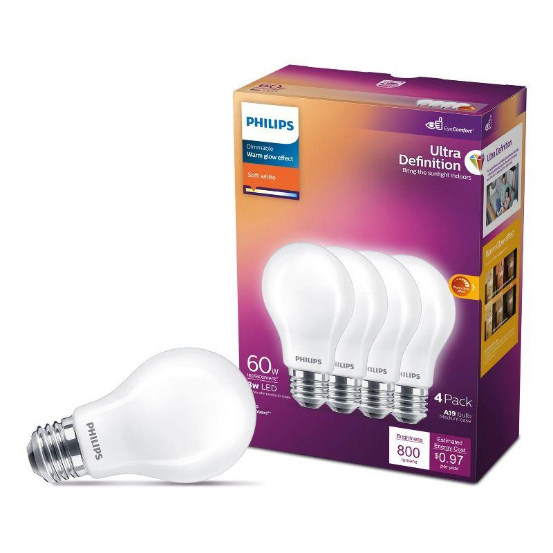 Philips UltraDef LED 60W Frosted Soft White A19 4P: Dimmable, Energy Star Certified, 800 Lumens, 13.7-Year Life