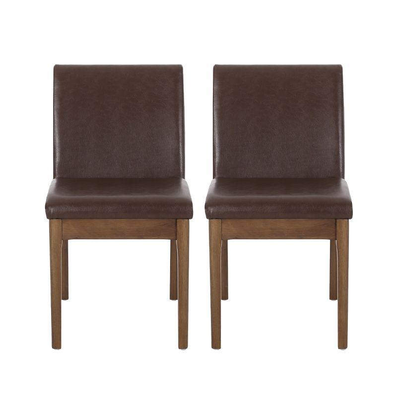 Dark Brown Faux Leather and Walnut Upholstered Side Chairs, Set of 2