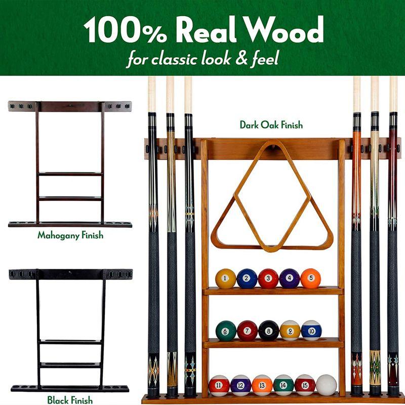 ISZY Billiards Wooden Wall Mounted Pool Cue Accessories Billiard Ball and Stick Holder Rack, Holds 6 Pool Cues and Full Set of Balls