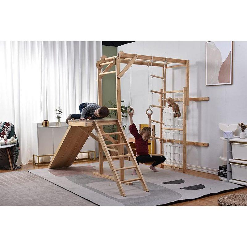 Natural Wood 8-in-1 Indoor Jungle Gym with Slide and Swing