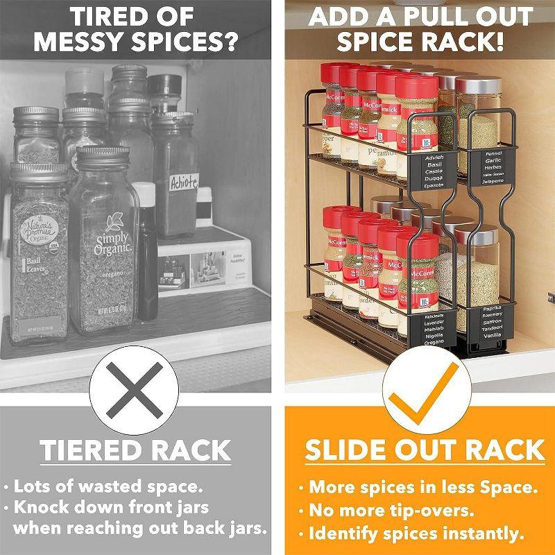 Pull Out Spice Rack Organizer for Cabinet - Heavy Duty Slide Out Kitchen Organizer with Labels, 5.2" W x 10.75" D x 10" H, 2 Drawers, 2-Tier