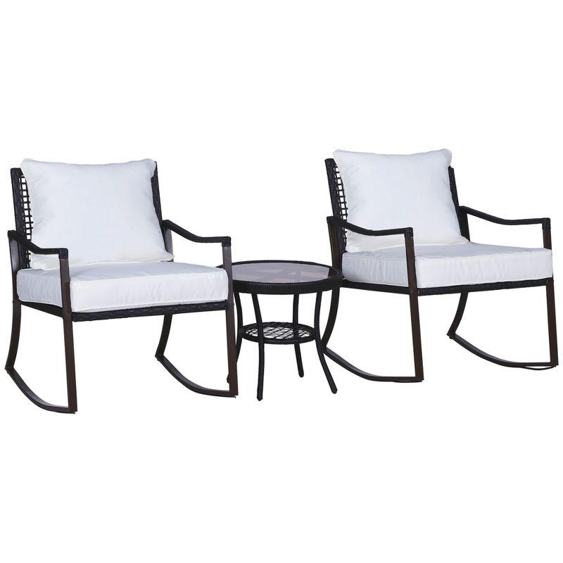 Outsunny 3-Piece Bistro Set Outdoor Wicker Furniture Set with Rattan Rocking Chair, Side Table for Patio Backyard Garden and Balcony