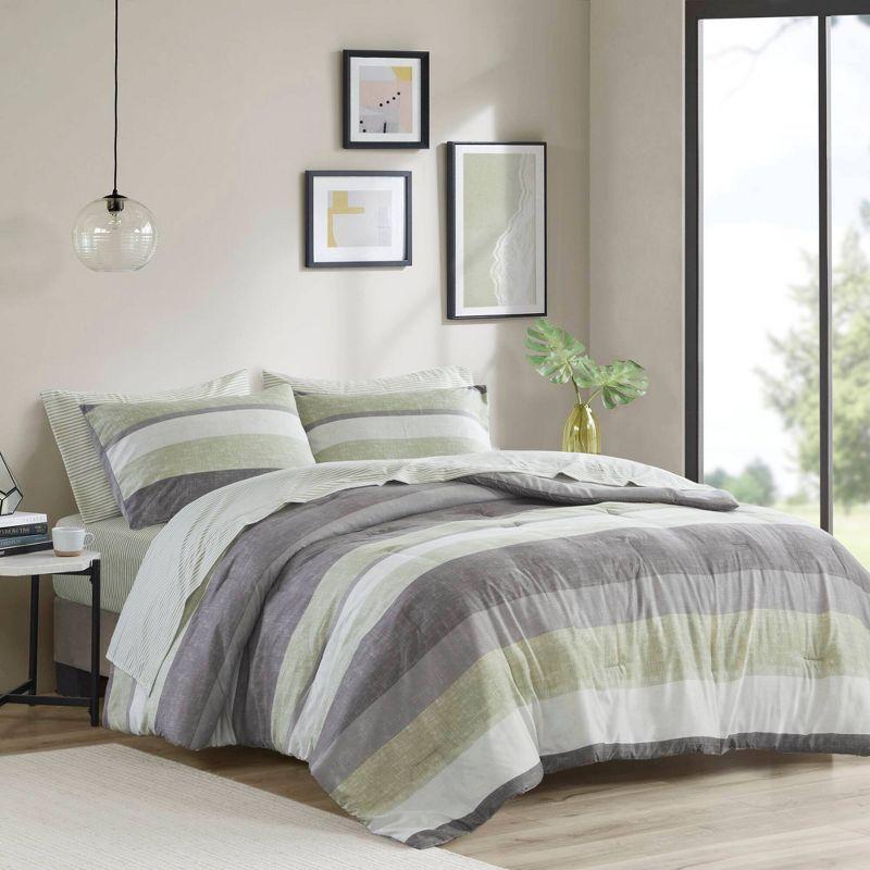 Madison Park California King Ryder Striped Comforter Set with Bed Sheet Green