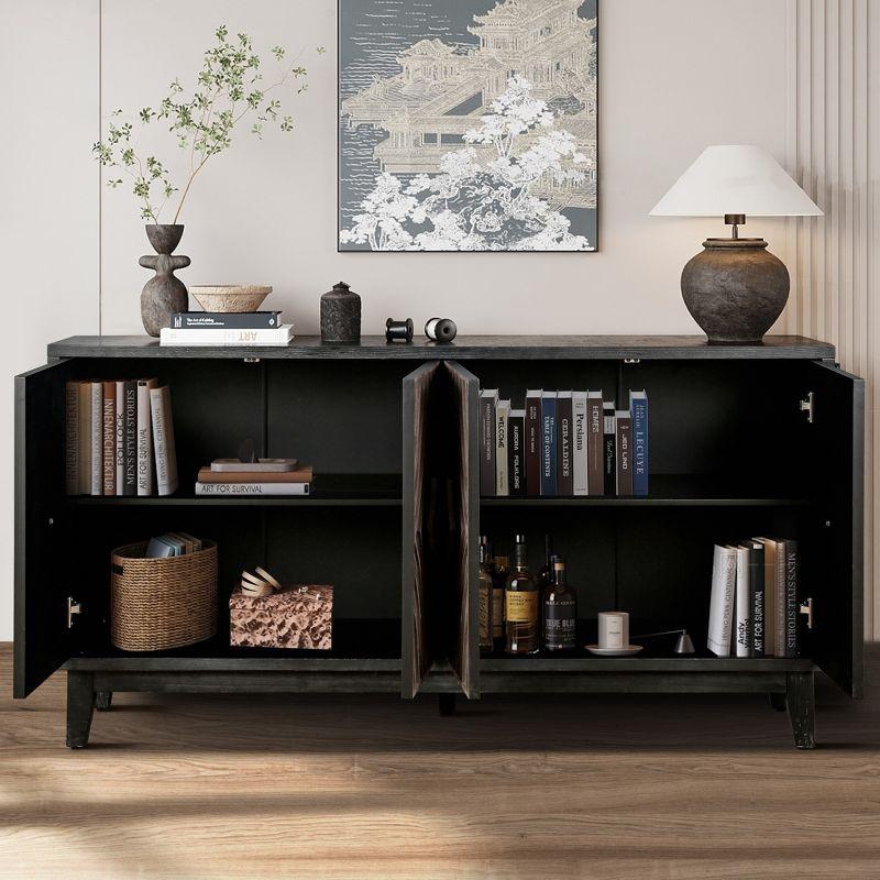 60" Mid Century Sideboard Buffet Kitchen Storage Cabinet, with 4 Convex pattern diamond Doors and 2 Shelves Accent, for Entrance, Hall, Antique Brown