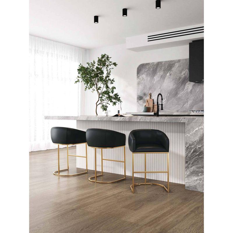 Set of 3 Black Leather and Gold Metal Barstools