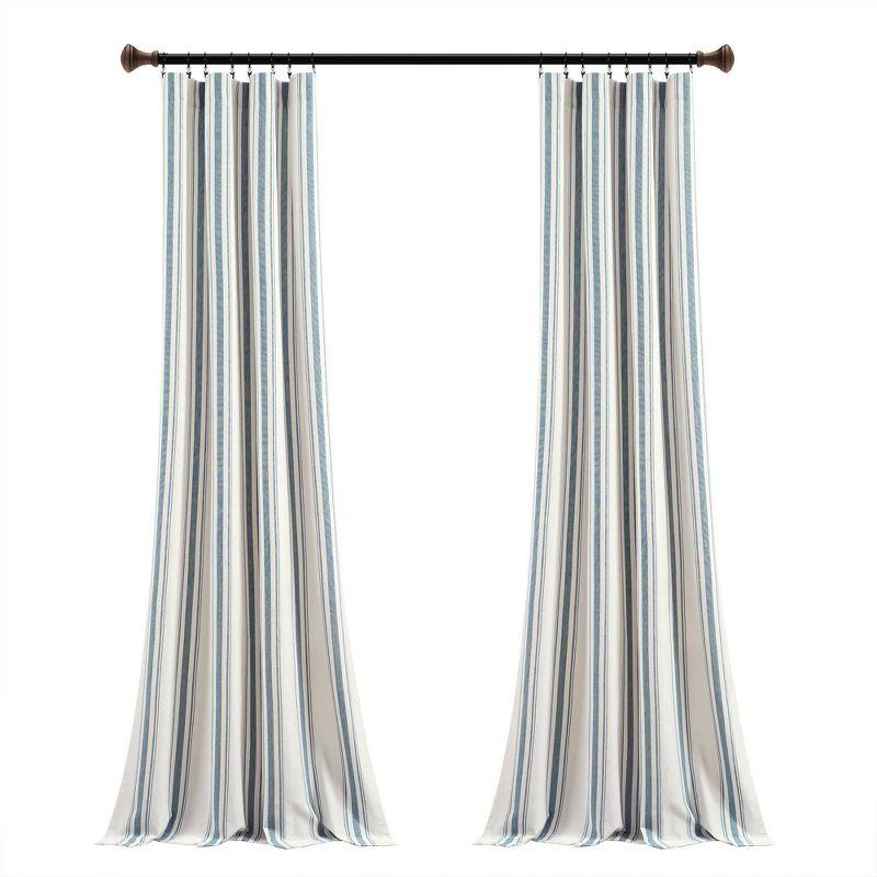 Blue Striped Cotton Light-Filtering Rod Pocket Curtain Panels