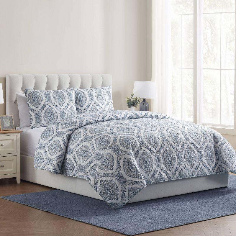 Sea Damask 3-Piece Printed Coastal Quilt Set