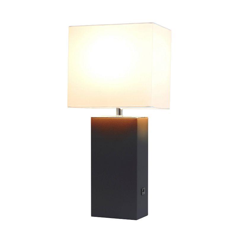 Lalia Home 21" Lexington Leather Base Modern Home Decor Bedside Table Lamp with USB Charging Port and Fabric Shade Black/White: UL Listed