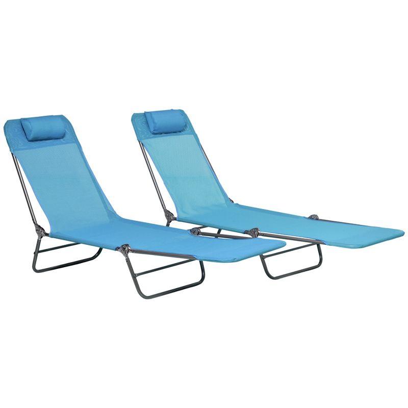 Outsunny Folding Chaise Lounge Pool Chairs, Set of 2 Outdoor Sun Tanning Chairs with Pillow, Five-Position Reclining Back for Beach, Blue