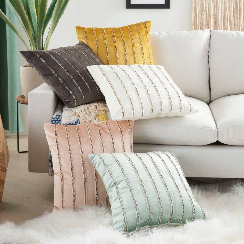 20"x20" Oversize Sofia Beaded Striped Square Throw Pillow Gold - Mina Victory: Velvet Texture, Indoor Elegance, Zippered