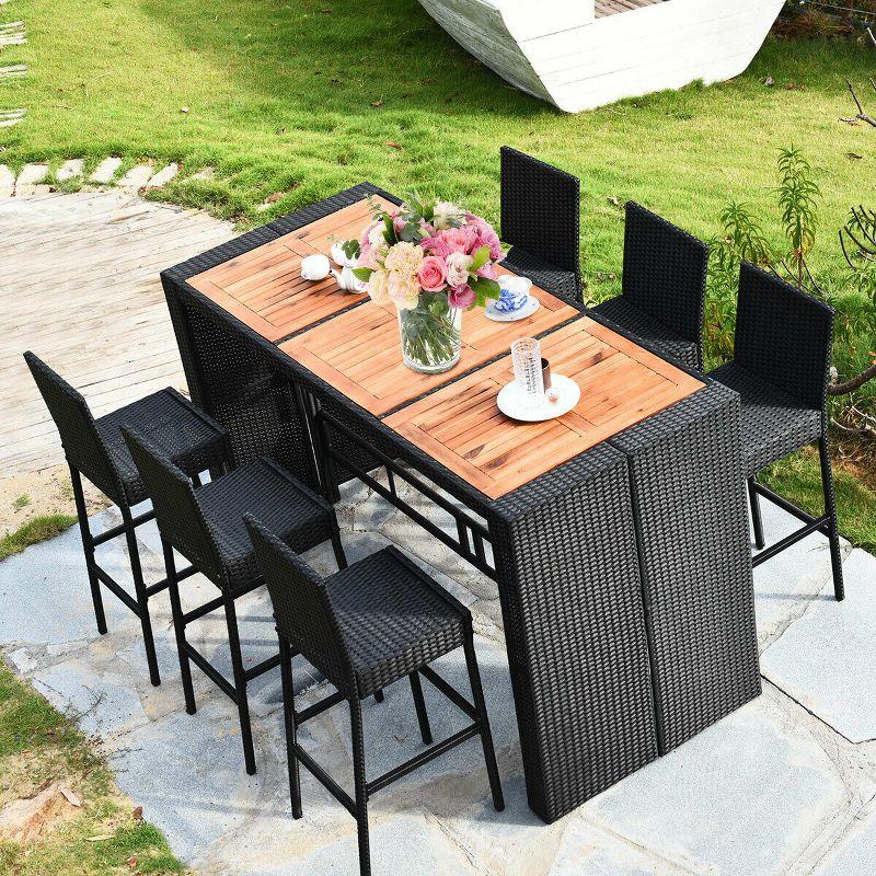 7-Piece Black Rattan Wicker Bar Dining Set with Wood Table Top and Cushions