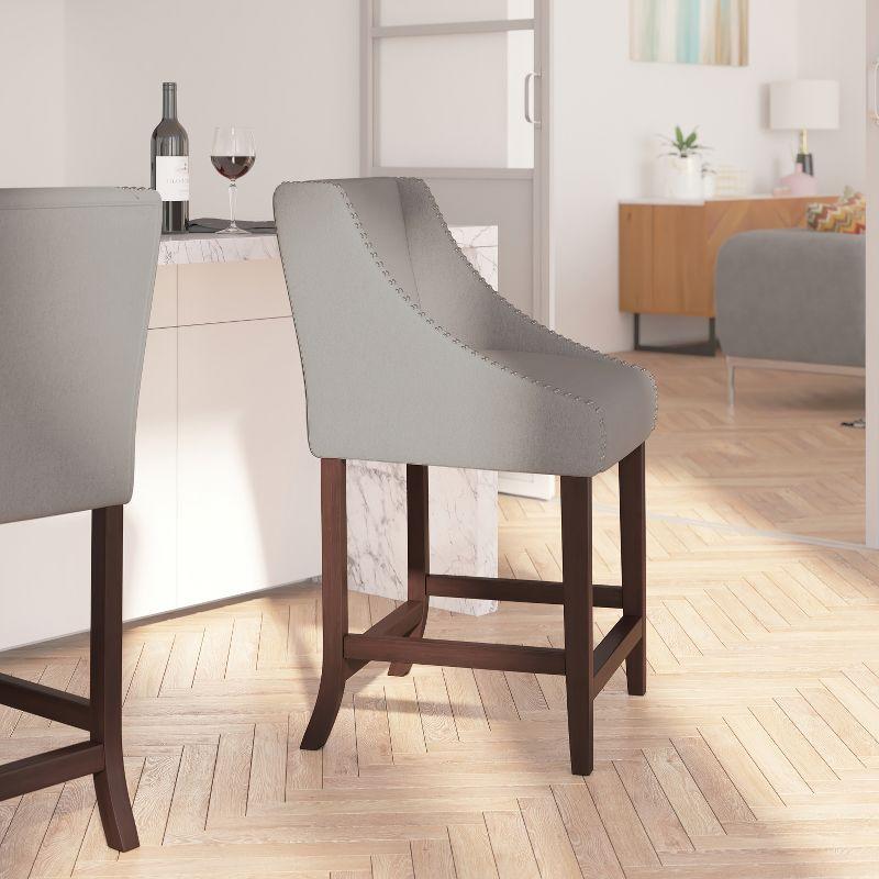 Walnut Counter Height Stools with Light Gray Fabric and Nailhead Trim - Set of 2