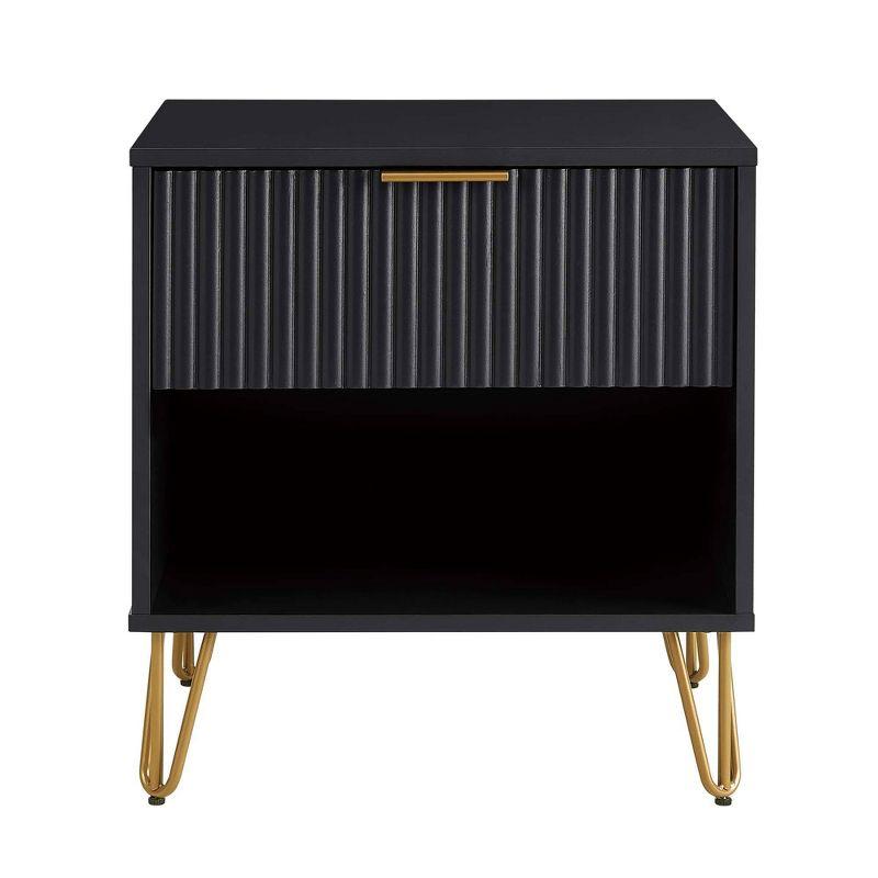 Manhattan Comfort Dumbo Nightstand with Drawer Black: Modern Design, Splayed Metal Legs, Soft Close Storage