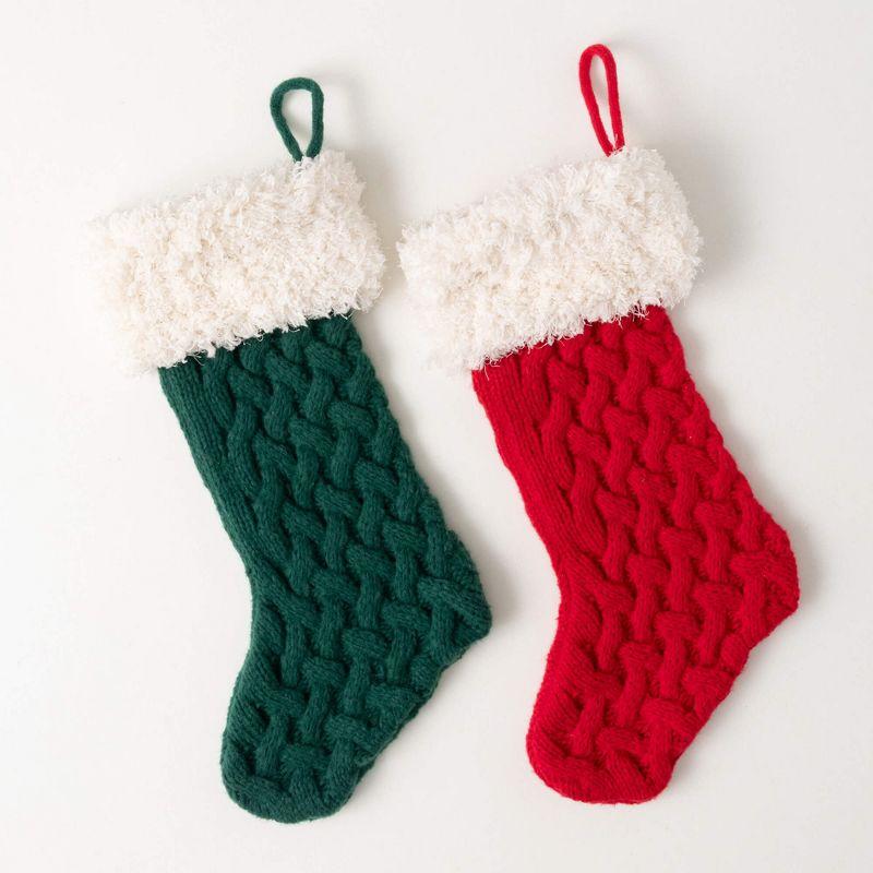 24.5" Red and Green Knitted Christmas Stocking Set with White Cuffs