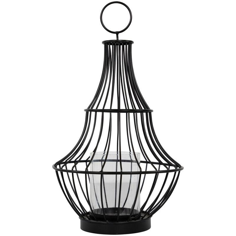 Black Metal Cage Hurricane Lantern with Glass Cylinder, 14"