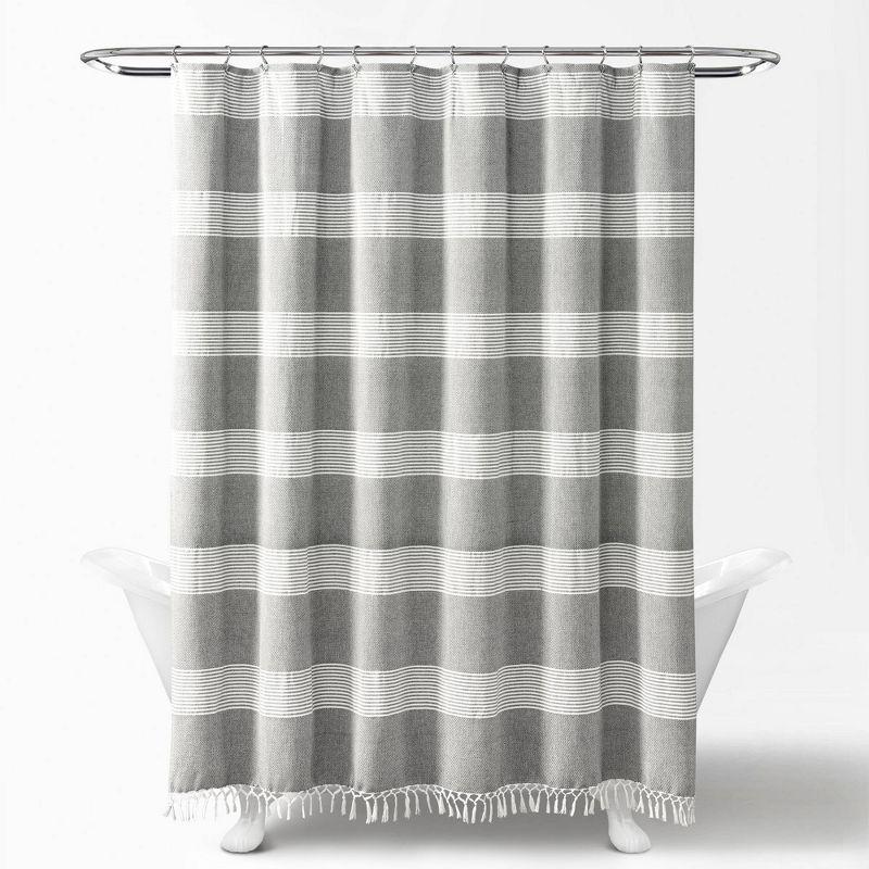 Gray and White Cotton Striped Tassel Shower Curtain