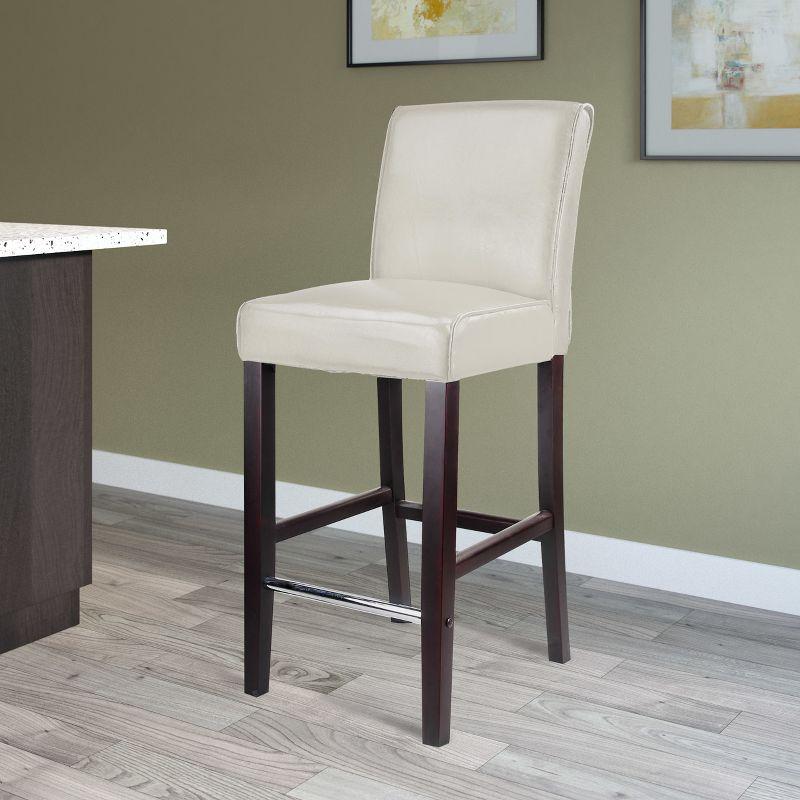 White Bonded Leather Bar Stool with Dark Espresso Rubberwood Legs