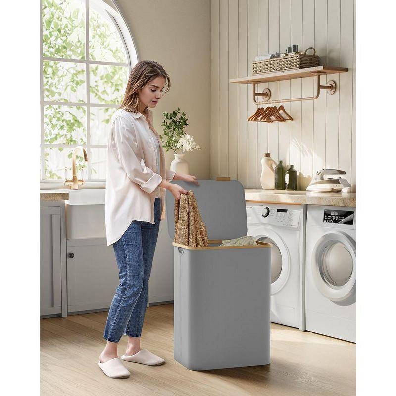 SONGMICS Laundry Hamper with Lid, 2-Section Large Laundry Basket, 34.3-gallon (130L), Removable Mesh Liner, Bamboo Handles, Collapsible, Dove Gray