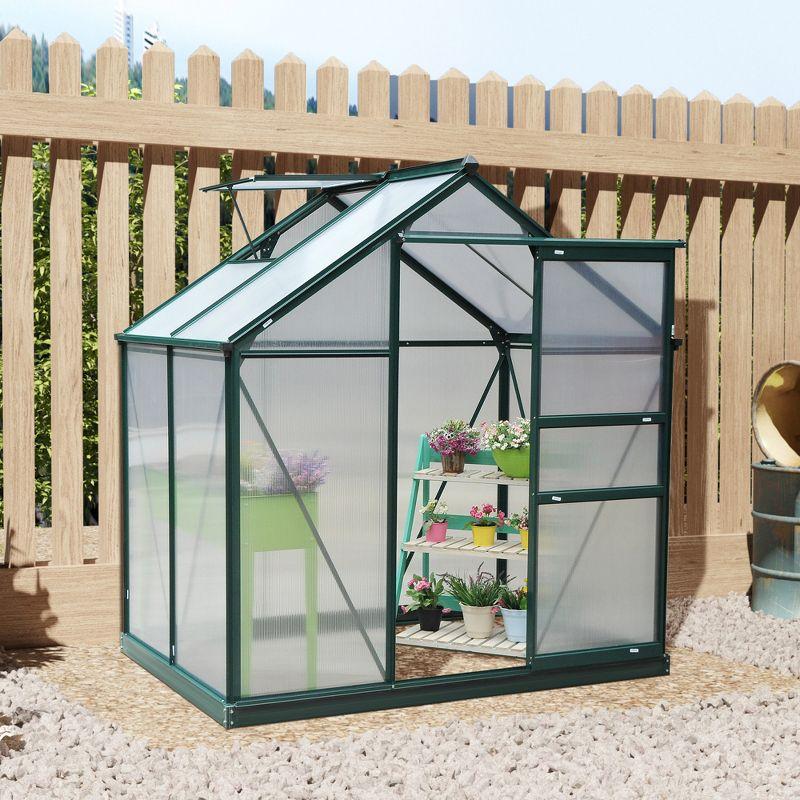 Outsunny 6' x 4' x 7' Polycarbonate Greenhouse, Heavy Duty Outdoor Aluminum Walk-in Green House Kit with Vent & Door for Backyard Garden, Green