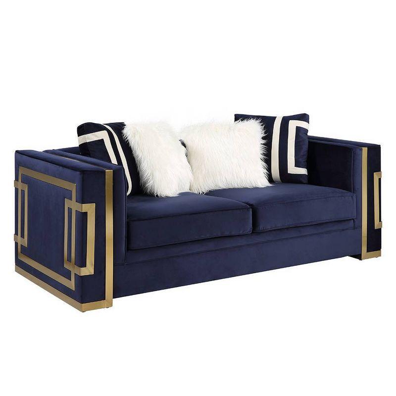 80" Blue Velvet Loveseat with Gold Metal Trim