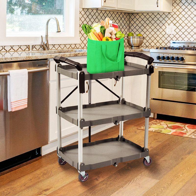 Elevon Aluminum Service Push Cart Portable Utility 3 Tier Collapsible Shelving Unit with Wheels for Home Office Organization, Gray