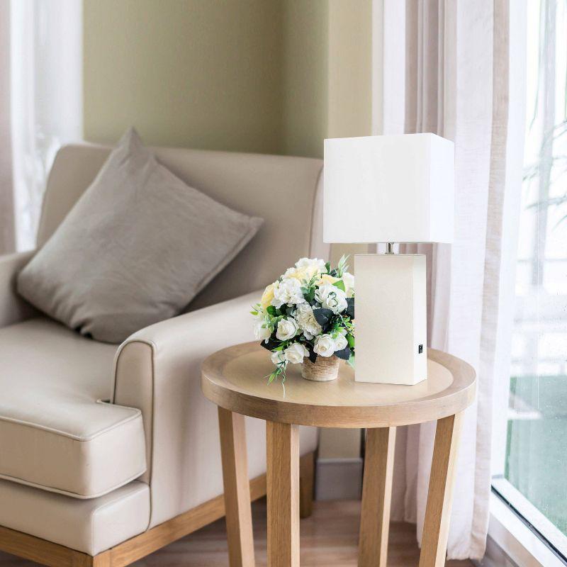 Lalia Home 21" Lexington Leather Base Modern Home Decor Bedside Table Lamp with USB Charging Port White : Fabric Shade