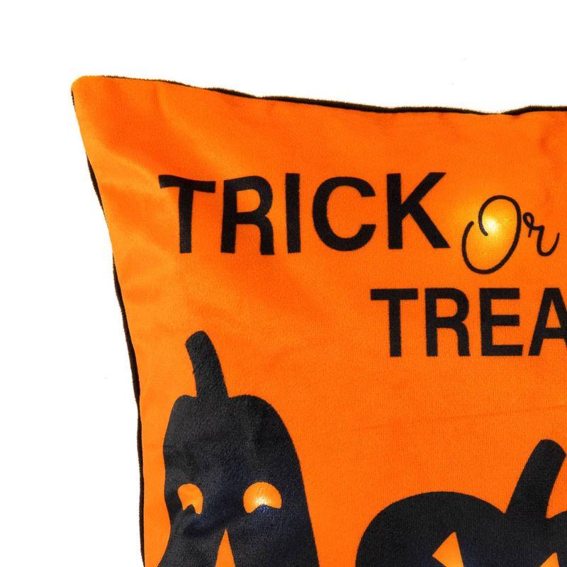 12"x12" Trick Or Treat Pumpkin LED Halloween Square Throw Pillow Orange/Black - Lush Décor: Velvet, Indoor, Zipper Closure