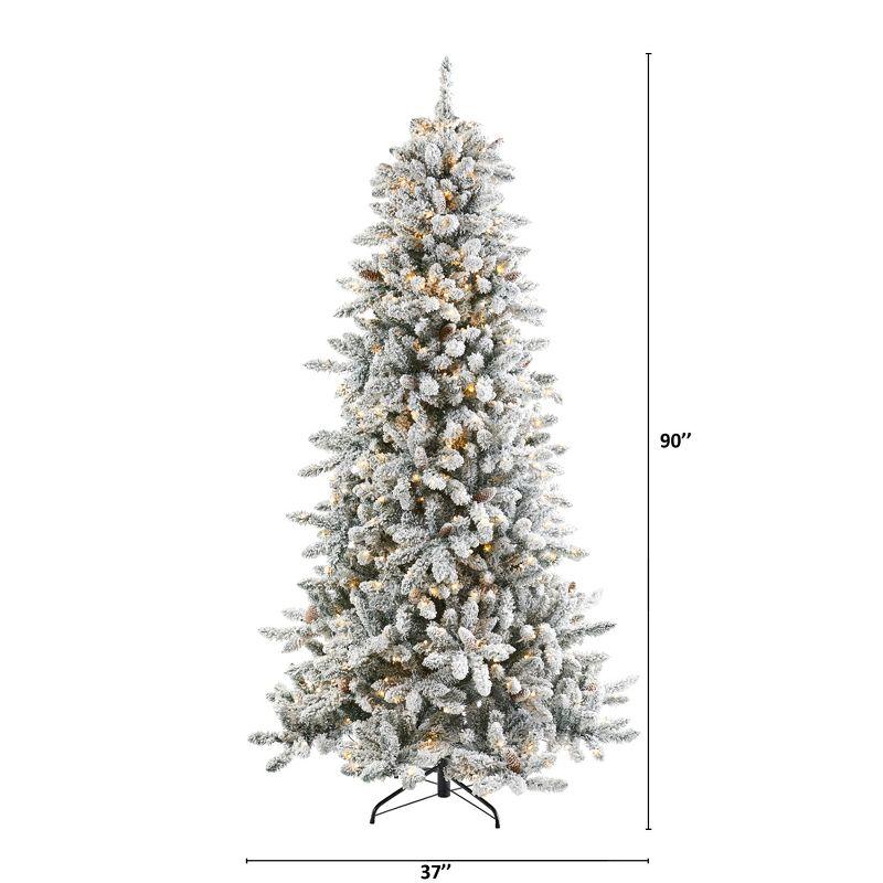 Nearly Natural 7.5' Pre-Lit LED Flocked Slim Livingston Fir with Pinecones, Electric Powered