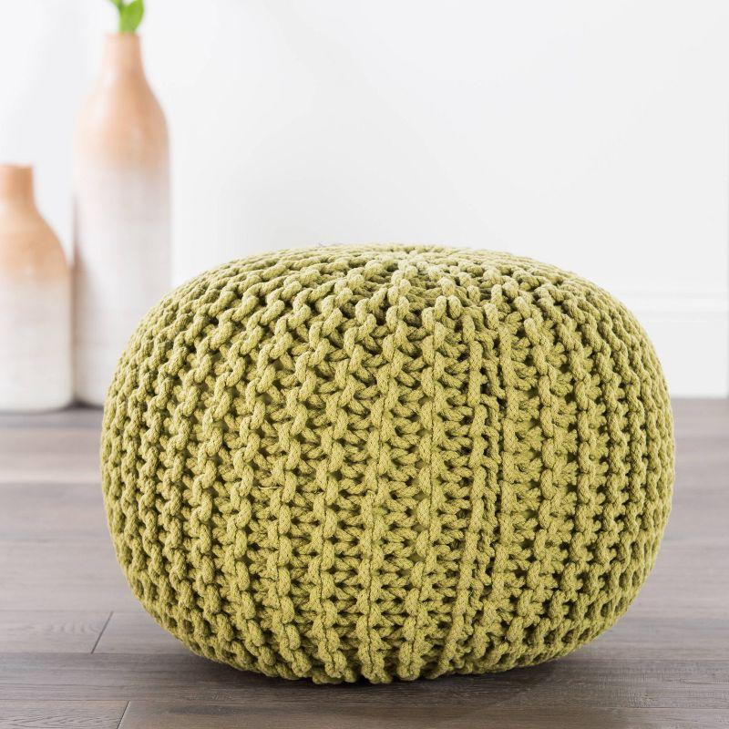 Green Cotton Chunky Knit Round Pouf, 21"