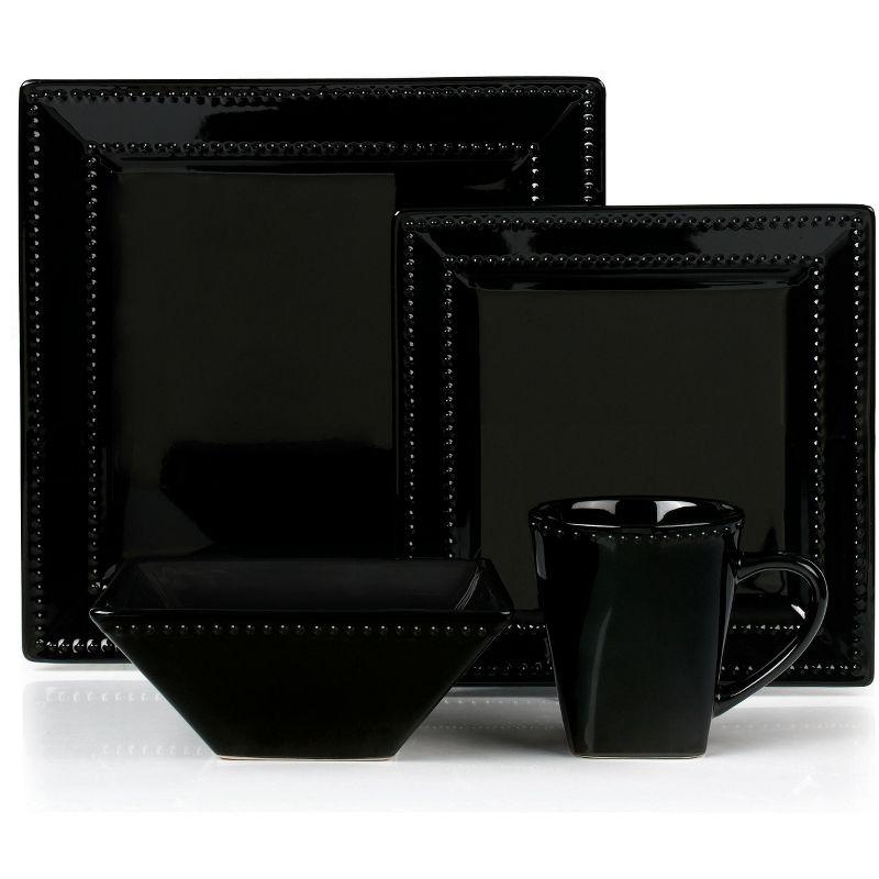 Lorren Home Trends 16 Piece Square Beaded Stoneware Dinnerware set, service for 4, Black