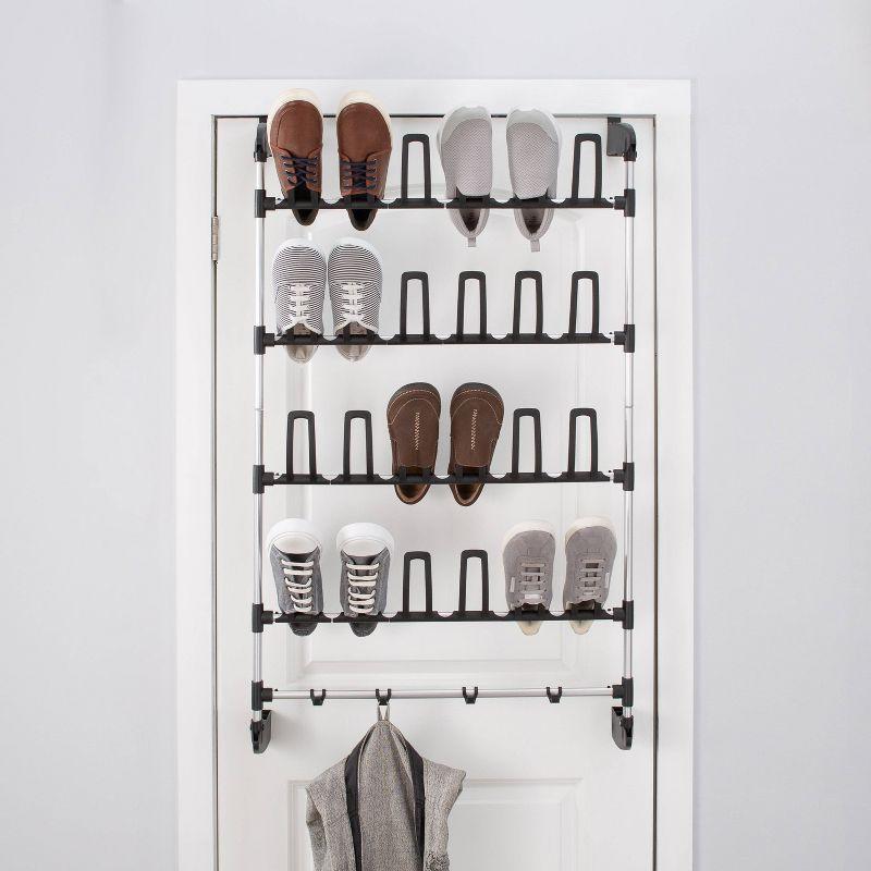 Organize It All Overdoor 12 Pair Shoe Rack with 4 Accessory Hooks: Metal Frame Shoe & Hat Organizer, Door Storage Solution