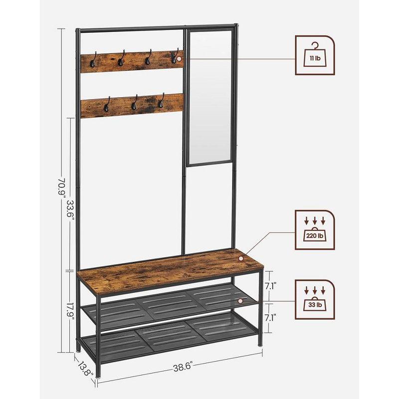 VASAGLE Hall Tree Entryway Coat Rack with Shoe Bench Rustic Walnut and Black