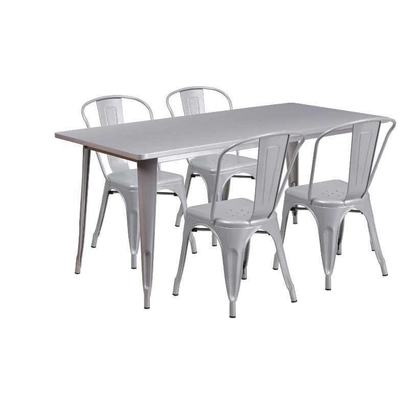 Silver Rectangular Steel Indoor-Outdoor Dining Table Set with 4 Stack Chairs