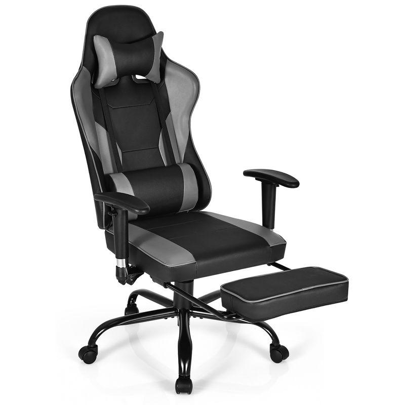 Black and Gray PVC Leather Racing Gaming Chair with Footrest