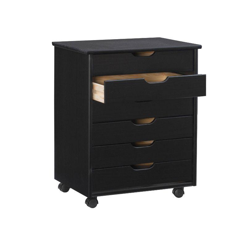 Cary Transitional 6 Drawer Solid Wood Contoured Handle Cut Out Wide Roll Cart Black - Linon: Pine Frame, Farmhouse Style, Portable Storage