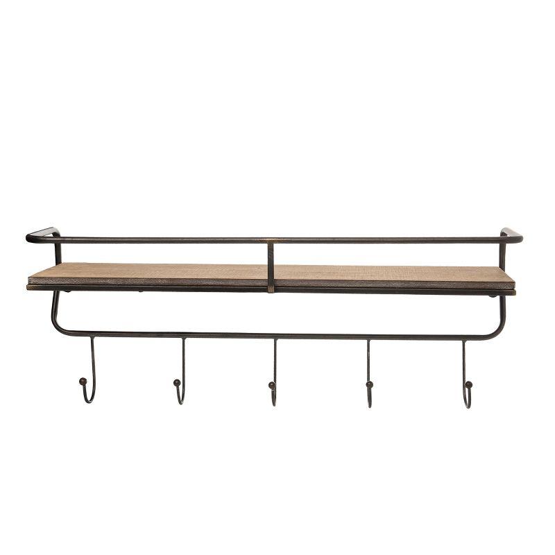 Brown Metal and Wood Wall Rack with Shelf and Hooks