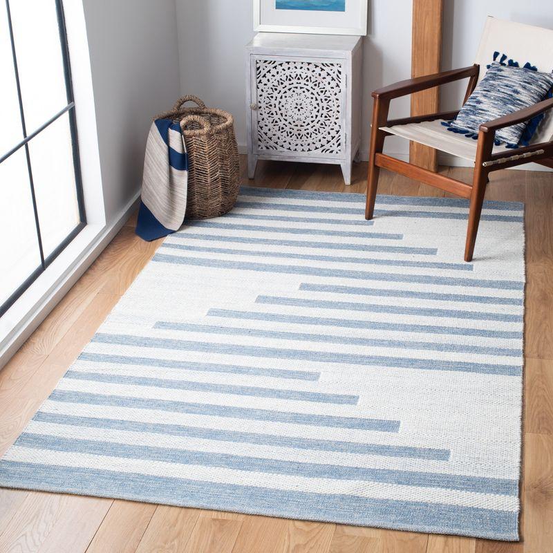 Ivory and Blue Striped Handwoven Wool-Cotton Area Rug