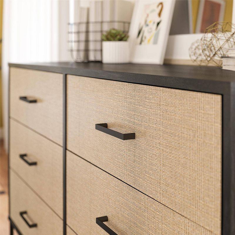 Coastal Black Oak & Faux Rattan 6-Drawer Dresser