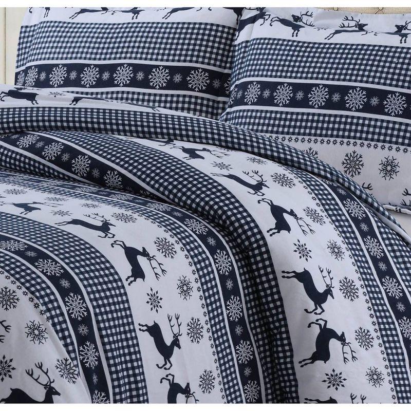 Queen 3pc Gingham Deer Heavyweight Printed Cotton Flannel Oversized Duvet Set Navy - Tribeca Living