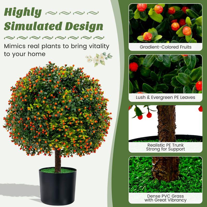 Costway 22'' Artificial Boxwood Topiary Ball Tree 2-Pack Faux Potted Plant w/Orange Fruit