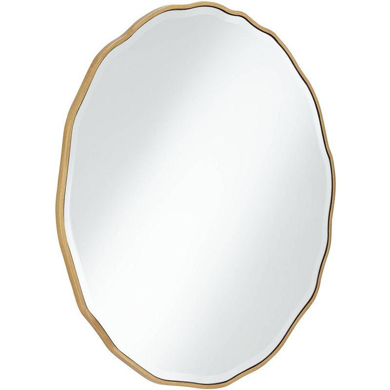 Gold Waved Edge Round Wall Mirror with Wood Frame