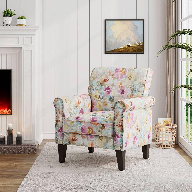 Handy Living Janet Traditional Rolled Arm Accent Chair with Pewter Nailheads Floral Pattern Pink