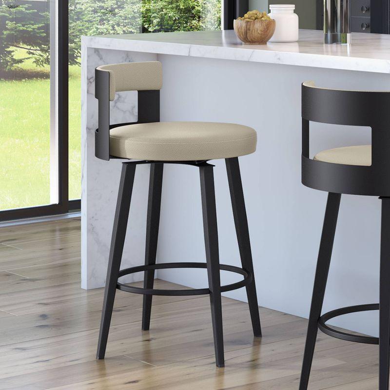 Amisco Paramont Upholstered Counter Height Barstool Greige/Black: Modern Round Faux Leather, Steel Frame, 300 lbs Capacity