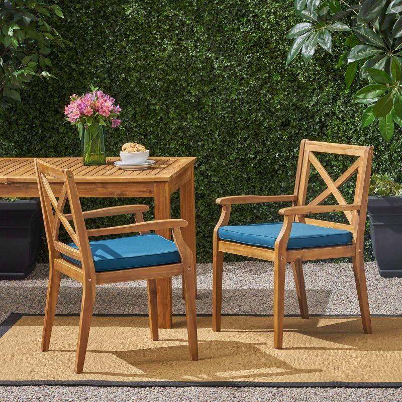 Perla 2pk Acacia Wood Patio Dining Chair - Teak/Blue - Christopher Knight Home: Weather-Resistant with Polyester Cushions