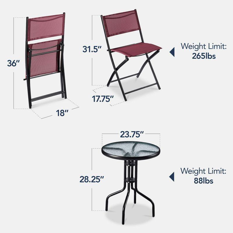 Best Choice Products 3-Piece Patio Bistro Dining Furniture Set w/ Glass Tabletop, Folding Chairs - Burgundy