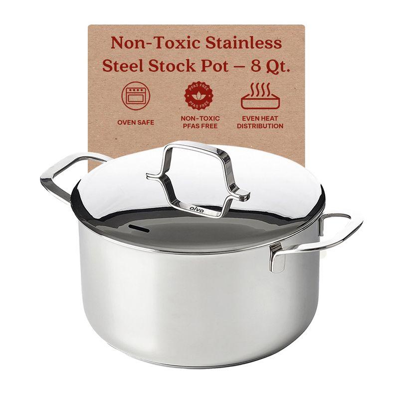Alva Maestro 8 Qt. Stainless Steel Stock Pot with Lid Scratch Resistant Non-Toxic PFAS Free Compatible with All Stovetops Oven Safe & Induction Safe