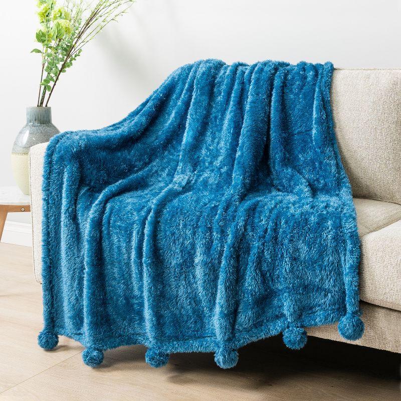 Teal Blue Sherpa Fleece Throw Blanket with Pom Poms