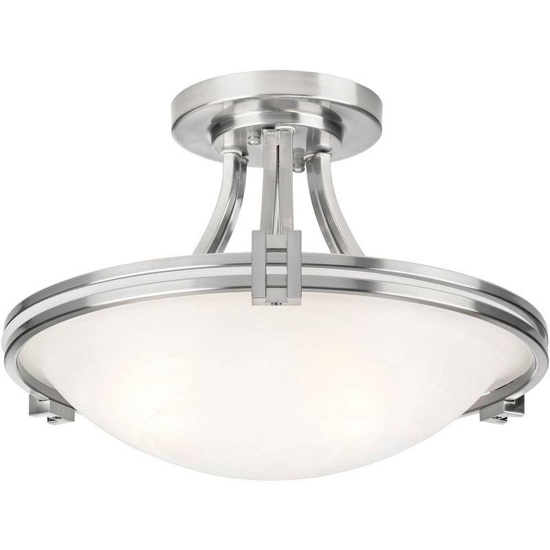 Possini Euro Design Deco Modern Ceiling Light Semi Flush Mount Fixture 16" Wide Brushed Nickel 2-Light White Marbleized Glass Bowl for Bedroom Kitchen